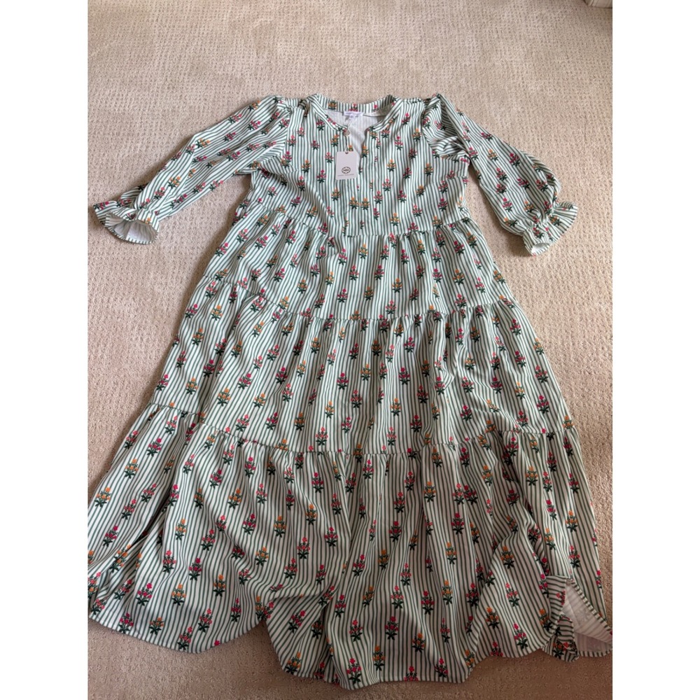 Mary Square Eden Dress XL Cottage Stripes Green Floral Tiered Maxi New NWT